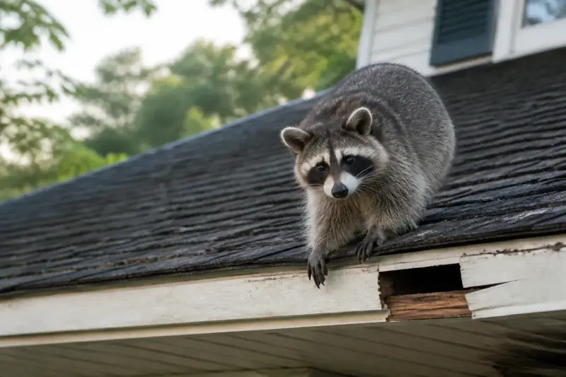 Raccoon on the edge of a shingled roof beside a hole chewed through the fascia